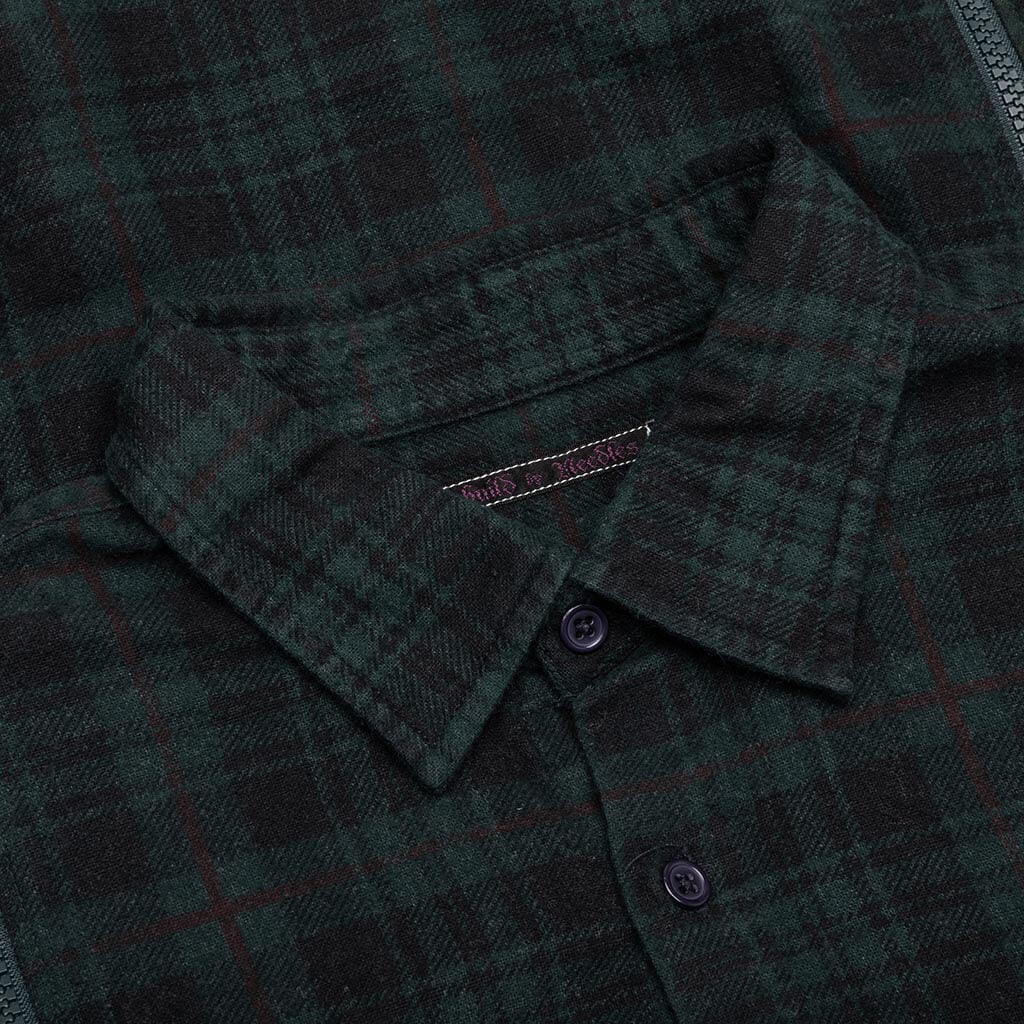 Flannel Shirt 7 Cuts Zipped Wide Shirt Over Dye Green