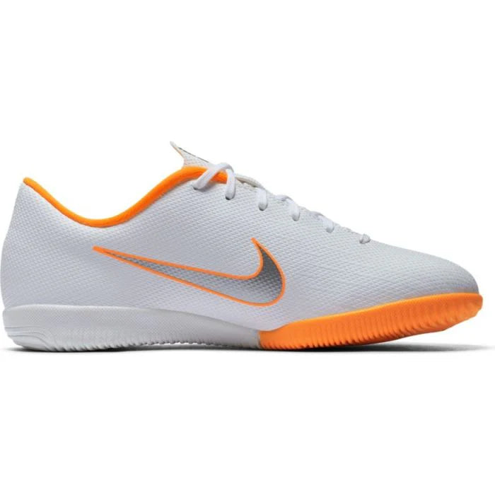 Nike Jr MercurialX Vapor XII Academy Indoor Soccer Shoes White Total Orange Metallic Cool Grey Metallic Cool Grey