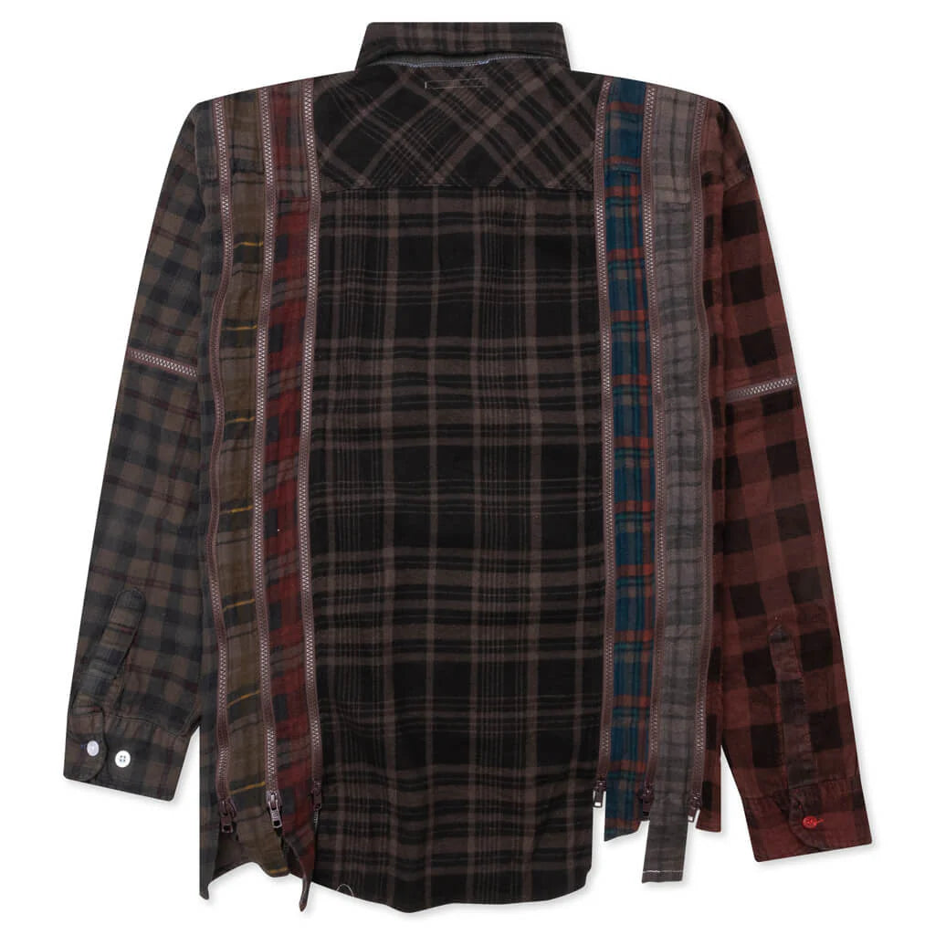 Flannel Shirt 7 Cuts Zipped Wide Shirt Over Dye Brown