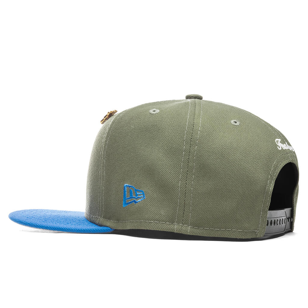 Feature x New Era Old English F Snapback Hat w Pin Olive Rainstorm Blue