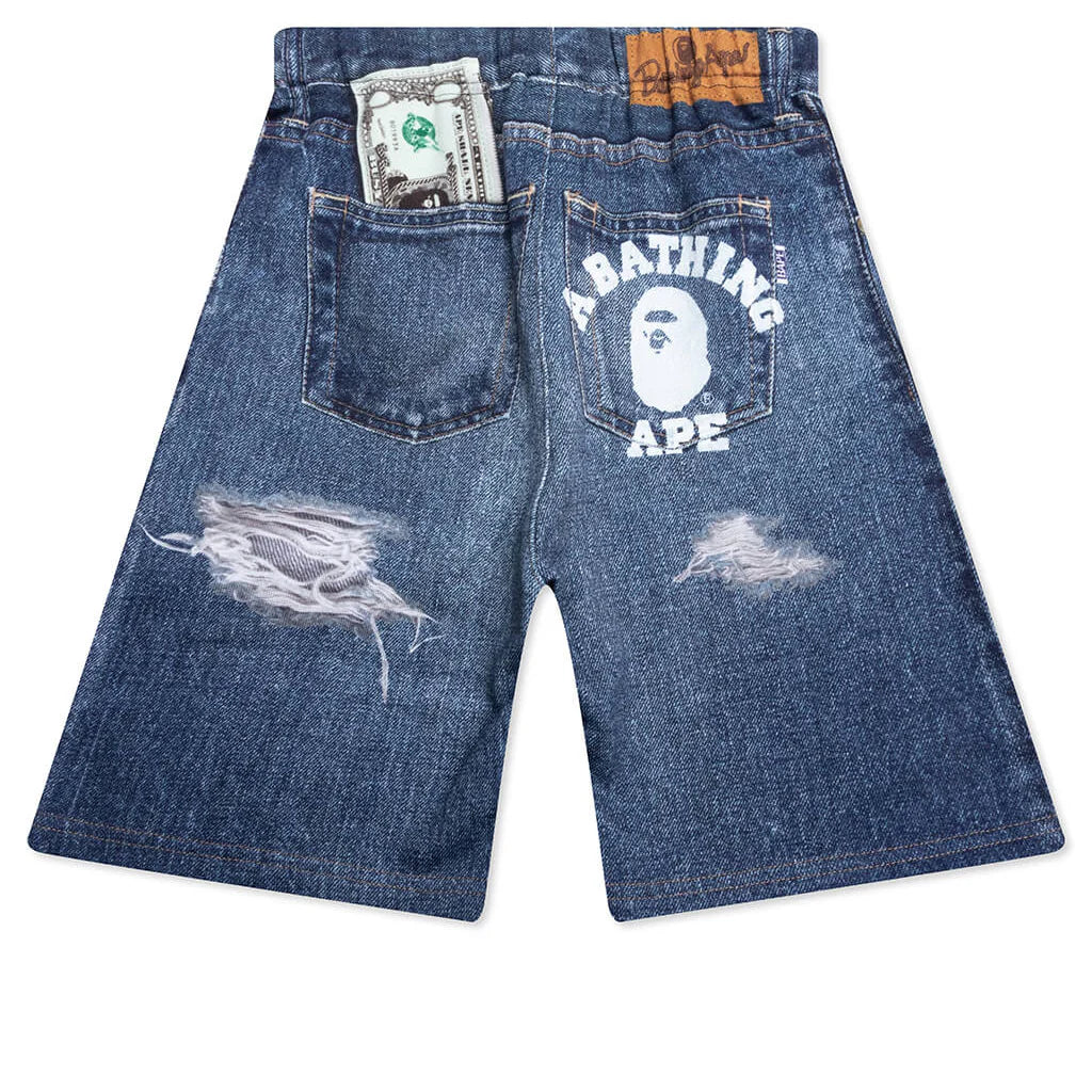 Kids Bape Denim Print Sweat Shorts Navy