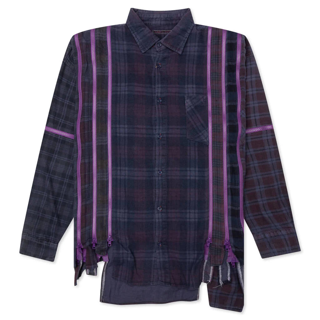 Flannel Shirt 7 Cuts Zipped Wide Shirt Over Dye Purple