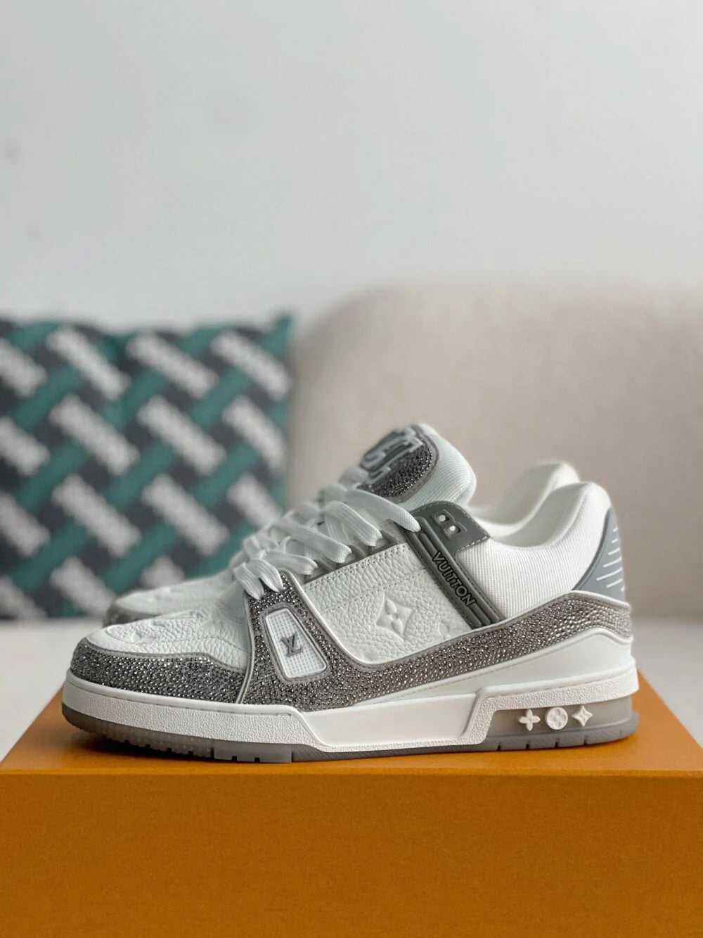 Louis Vuitton LV Trainer Sneaker Denim Monogram Grey Diamond