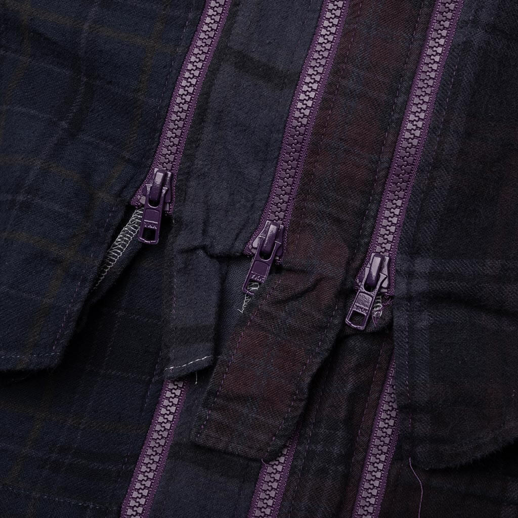 Flannel Shirt 7 Cuts Zipped Wide Shirt Over Dye Purple