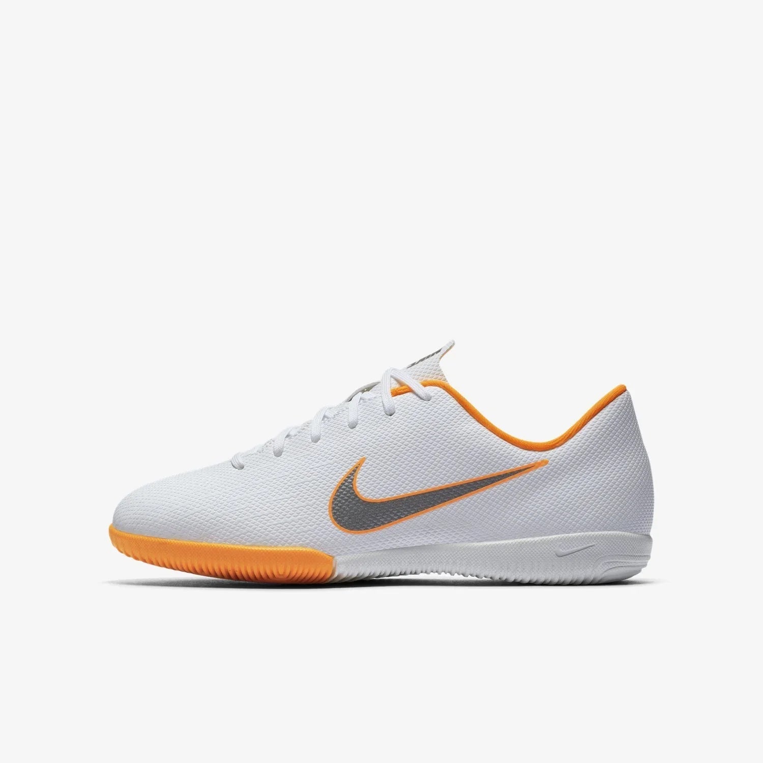 Nike Jr MercurialX Vapor XII Academy Indoor Soccer Shoes White Total Orange Metallic Cool Grey Metallic Cool Grey