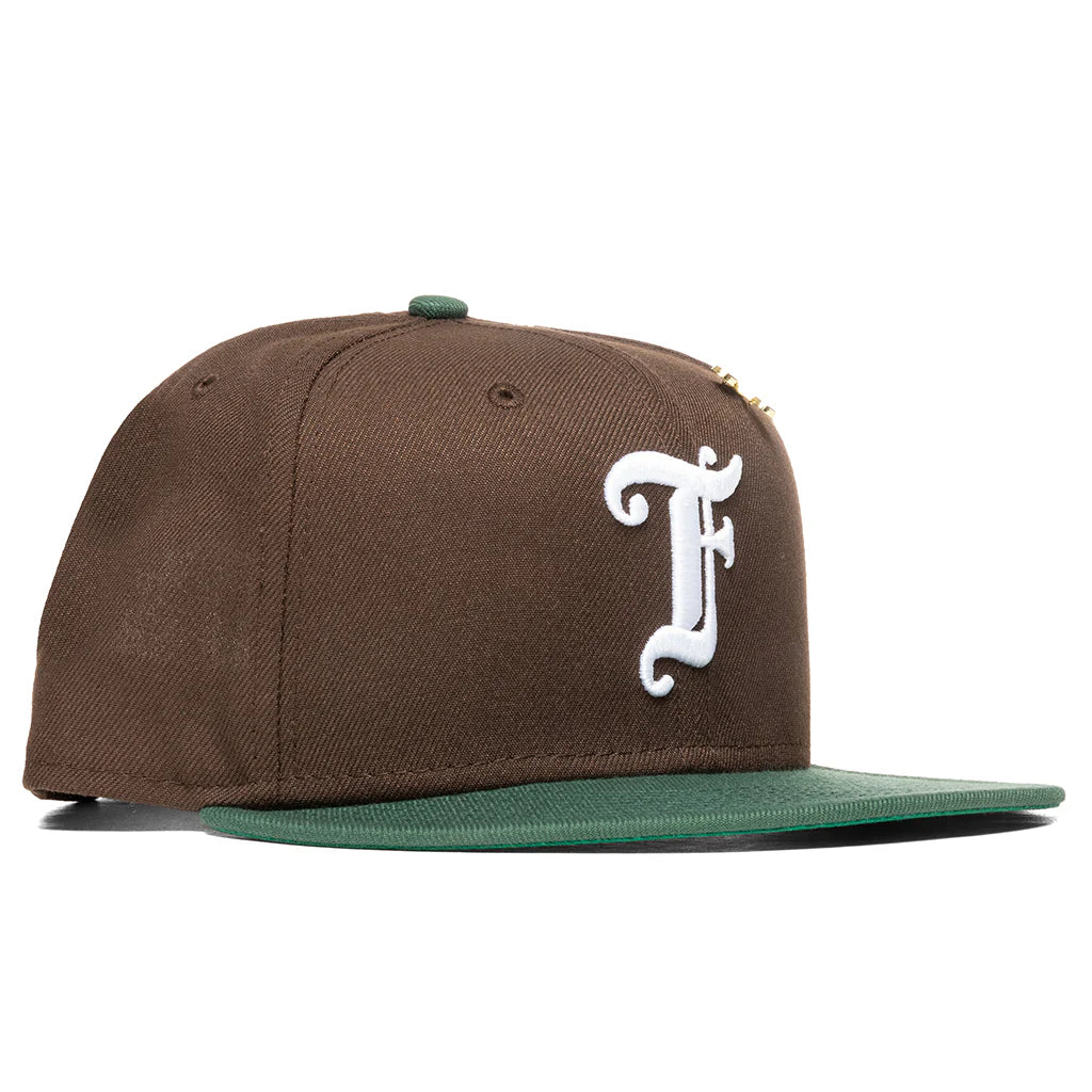 Feature x New Era Old English F Snapback Hat w Pin Walnut Cilantro Green