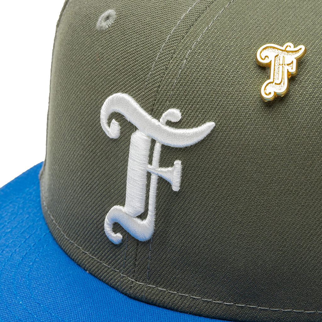Feature x New Era Old English F Snapback Hat w Pin Olive Rainstorm Blue