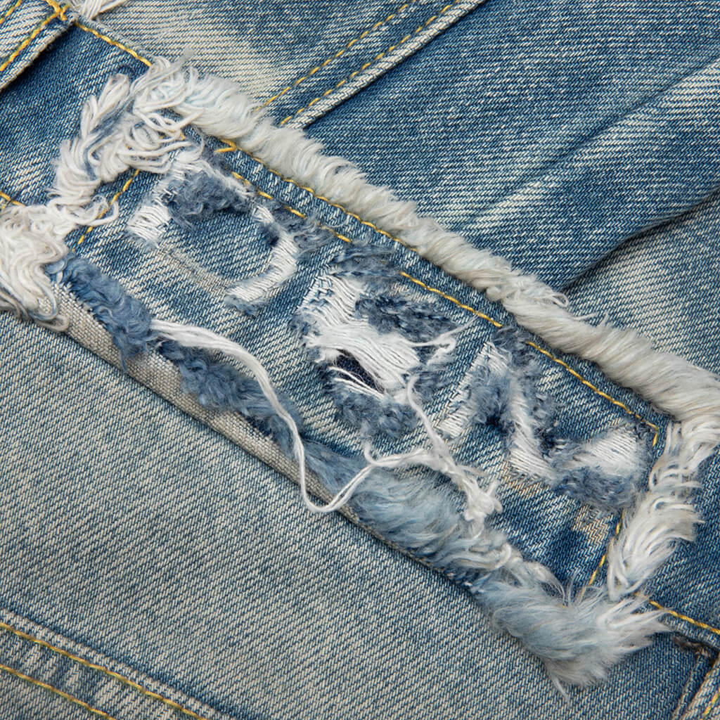 Distressed Stencil Denim Washed Indigo