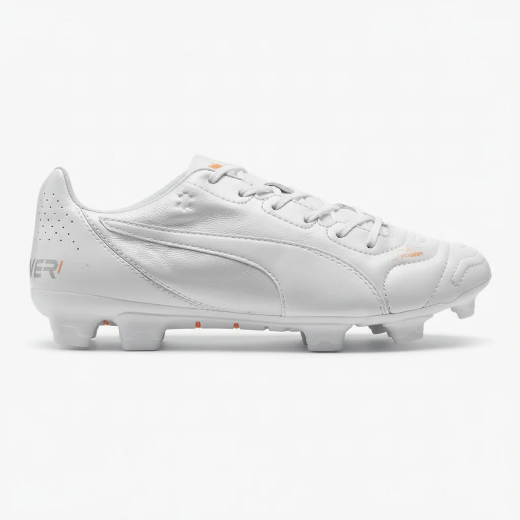 PUMA Evopower 12 Leather FG Firm Ground Soccer Cleats White Metallic White Fluo Orange
