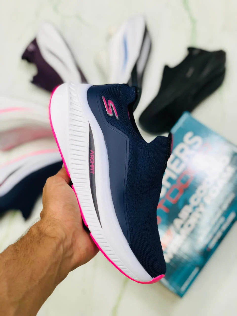 SKECHERS ARCHFIT NAVY AND PINK FOR WOMEN