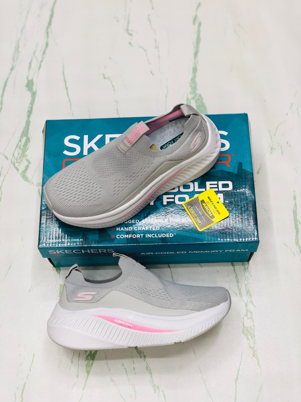 SKECHERS ARCFIT SMOKE GREY AND PINK FOR WOMEN