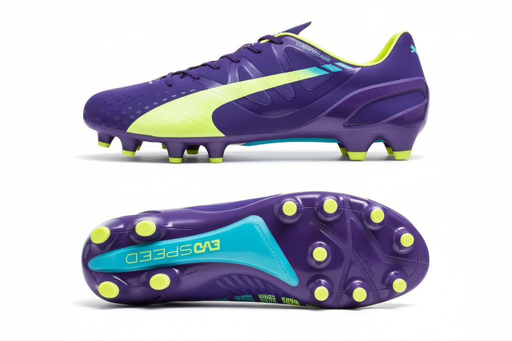PUMA Evospeed 13 FG Firm Ground Soccer Cleats Prism Violet Fluro Yellow Scuba Blue