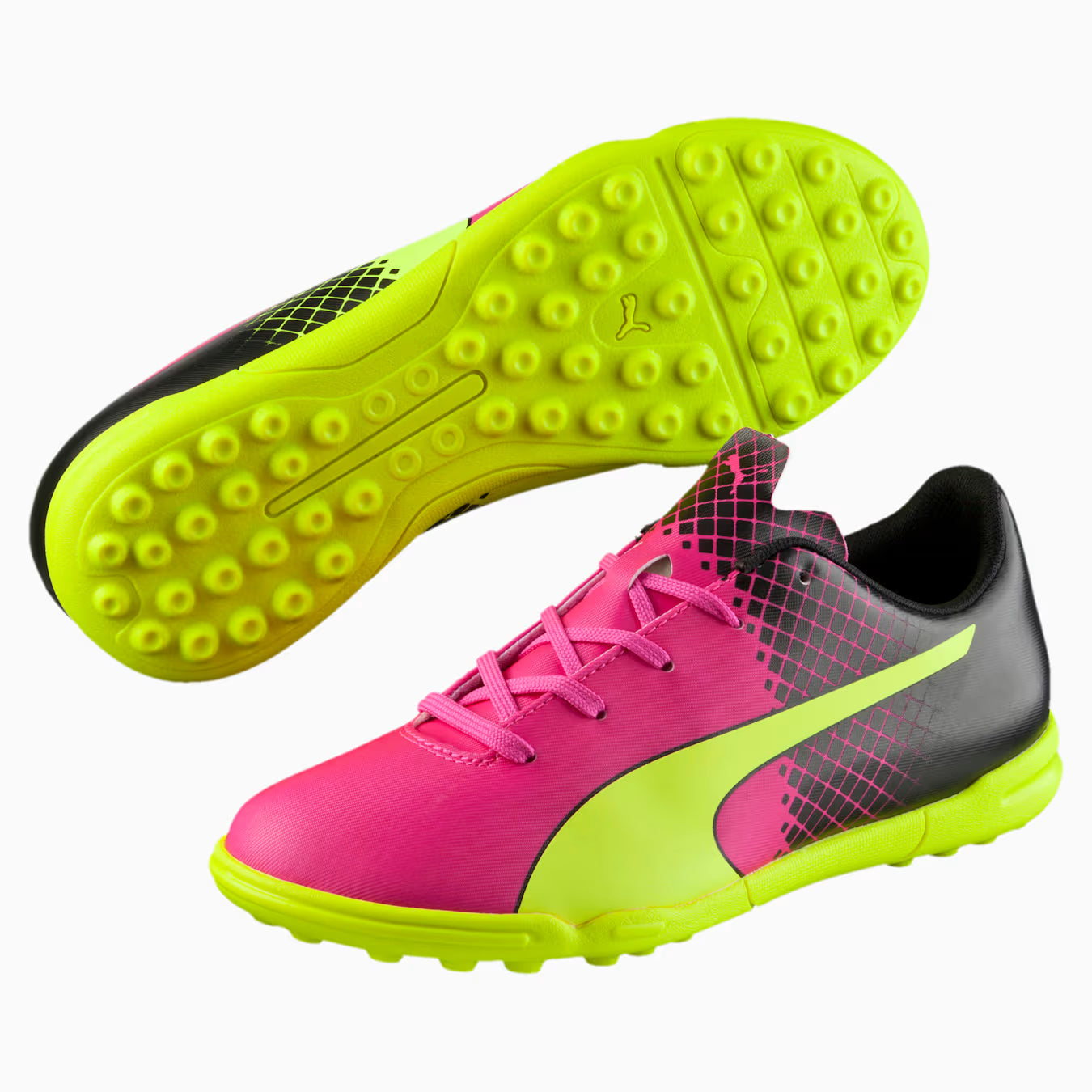 PUMA Evopower 43 Tricks TT JR Turf Youth Soccer Cleats Pink Glo Safety Yellow