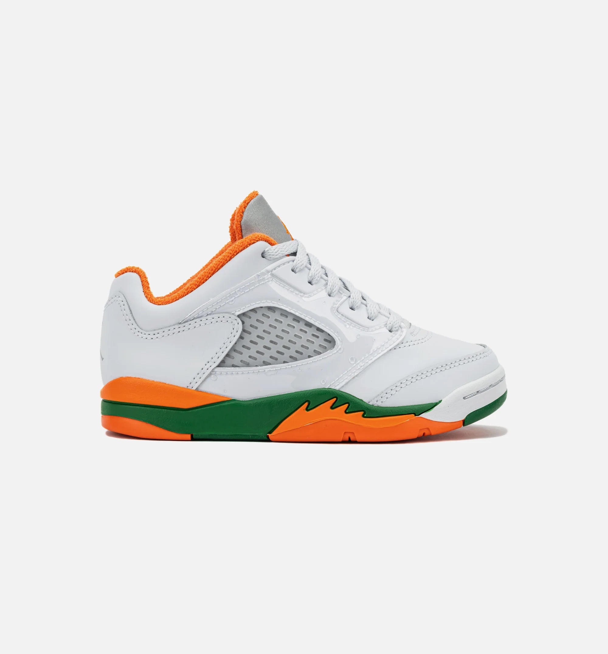 Air Jordan 5 Retro Low Hurricanes Preschool Lifestyle Shoe Football Grey Brilliant Orange Pine Green