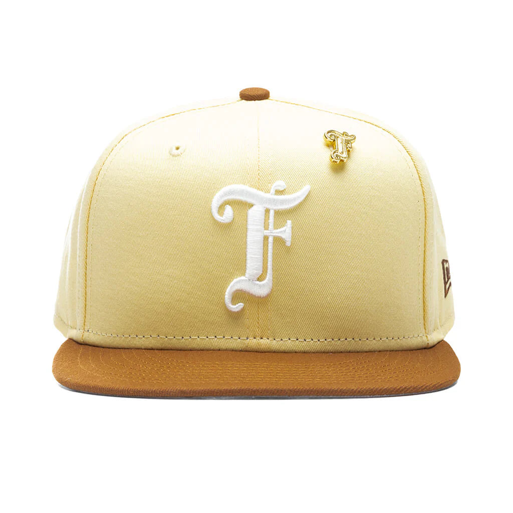 Feature x New Era Old English F Snapback Hat w Pin Soft Yellow Toasted Peanut