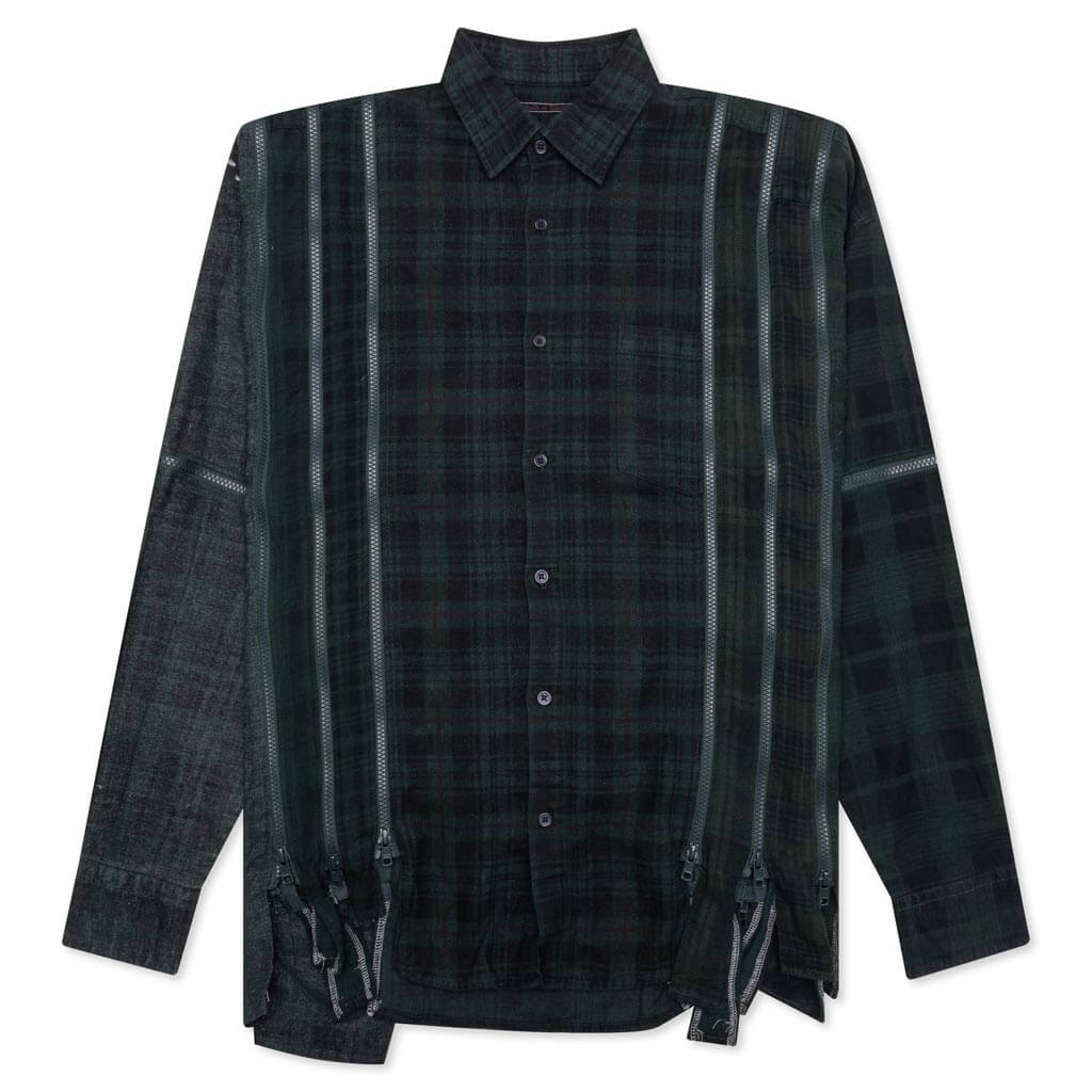 Flannel Shirt 7 Cuts Zipped Wide Shirt Over Dye Green