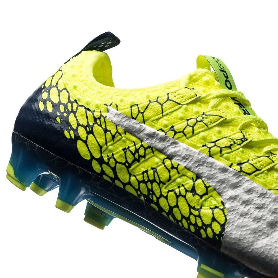 PUMA Evopower Vigor 1 Graphic FG Firm Ground Soccer Cleats Safety Yellow Silver