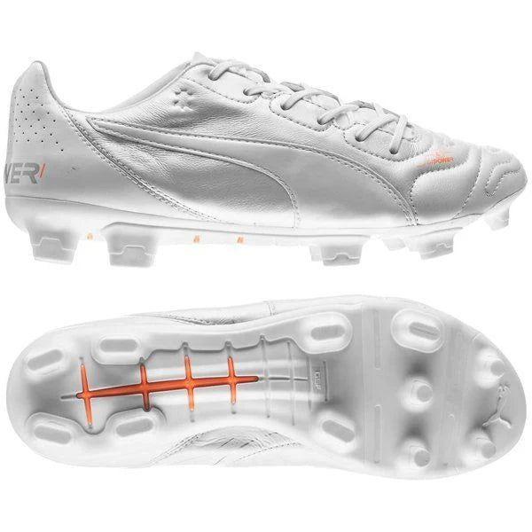 PUMA Evopower 12 Leather FG Firm Ground Soccer Cleats White Metallic White Fluo Orange