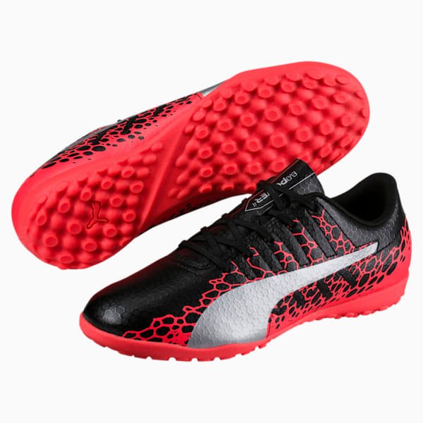 PUMA Kids Evopower Vigor 4 Graph TT Jr Turf Soccer Boots Black Silver Fiery Coral
