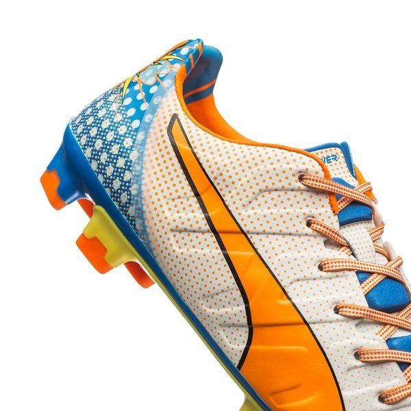 PUMA Evopower 12 FG Firm Ground Soccer Cleats White Orange Clownfish Electric Blue Lemonade