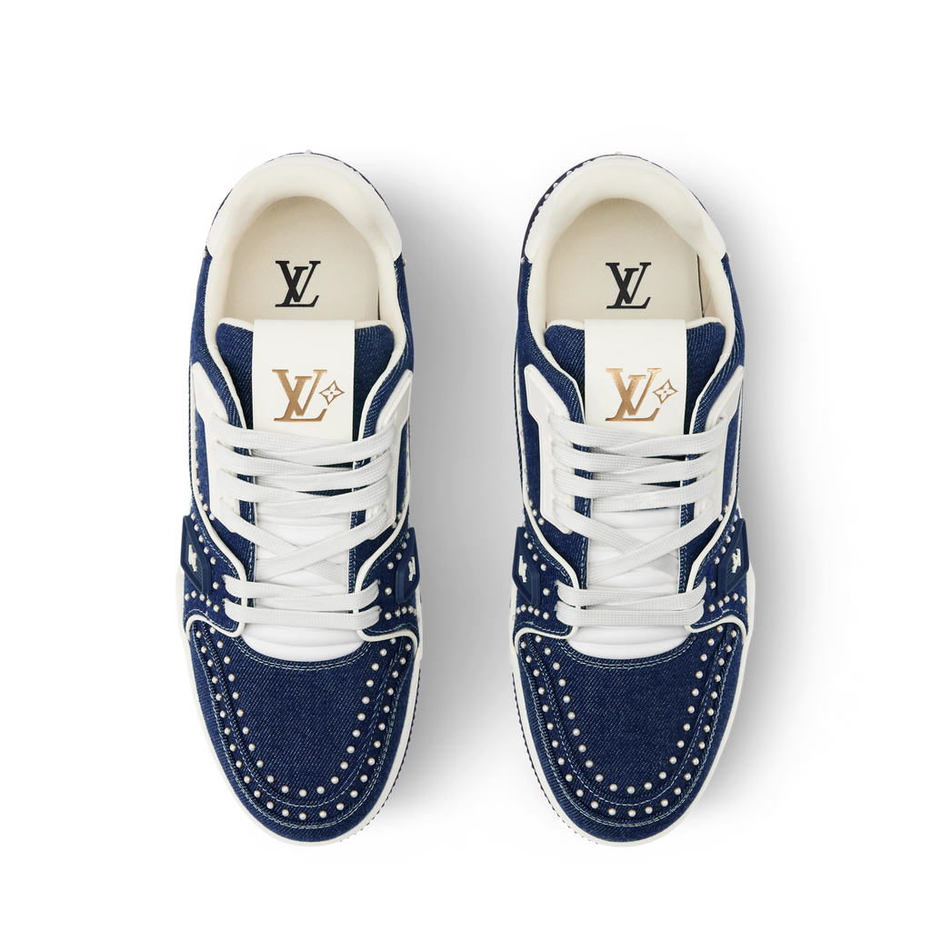 Louis Vuitton LV Trainer Indigo Blue Denim Sneakers with Swarovski Pearls